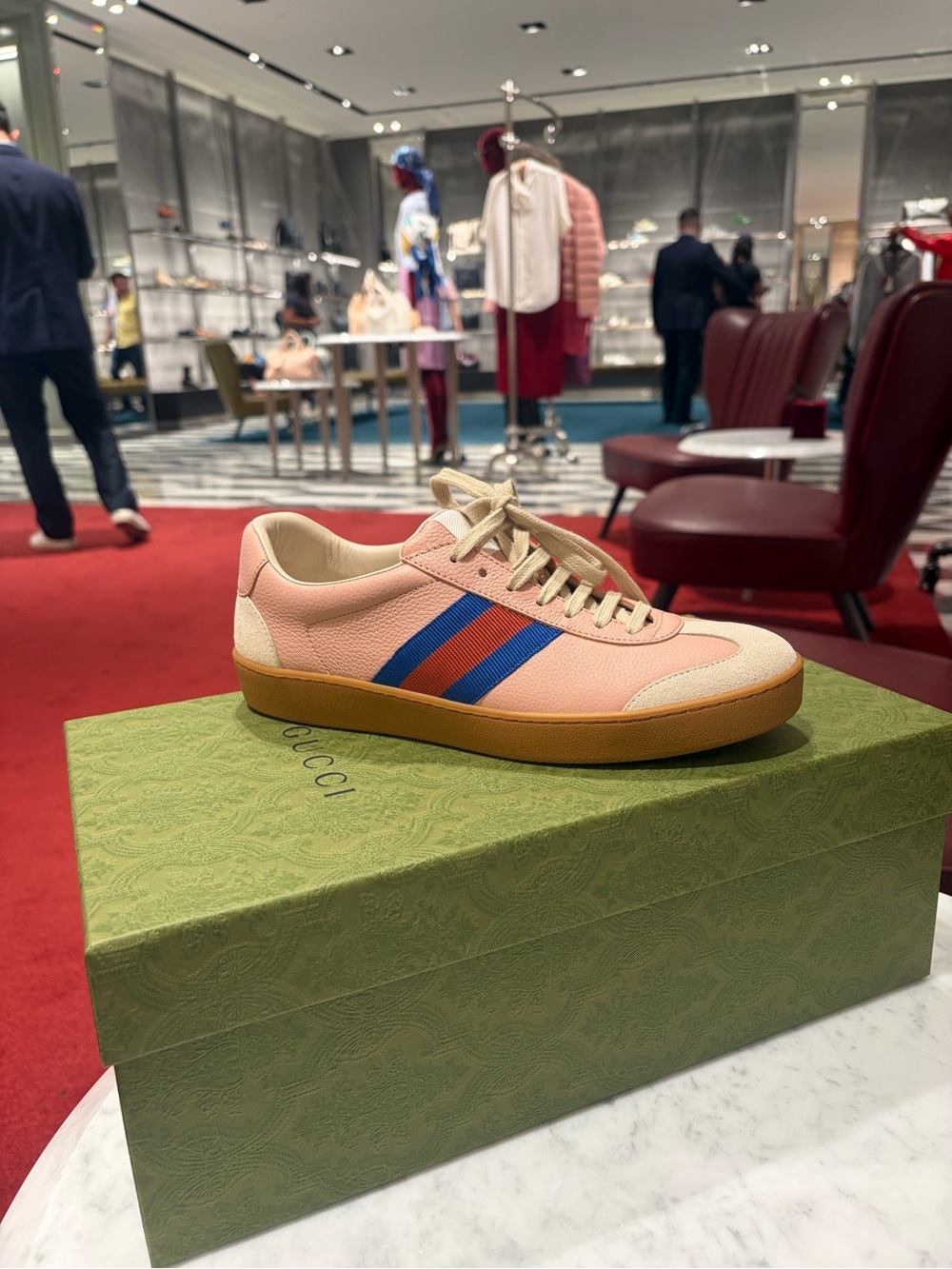 Gucci Pink Leather Sneaker with Blue and Red Stripes